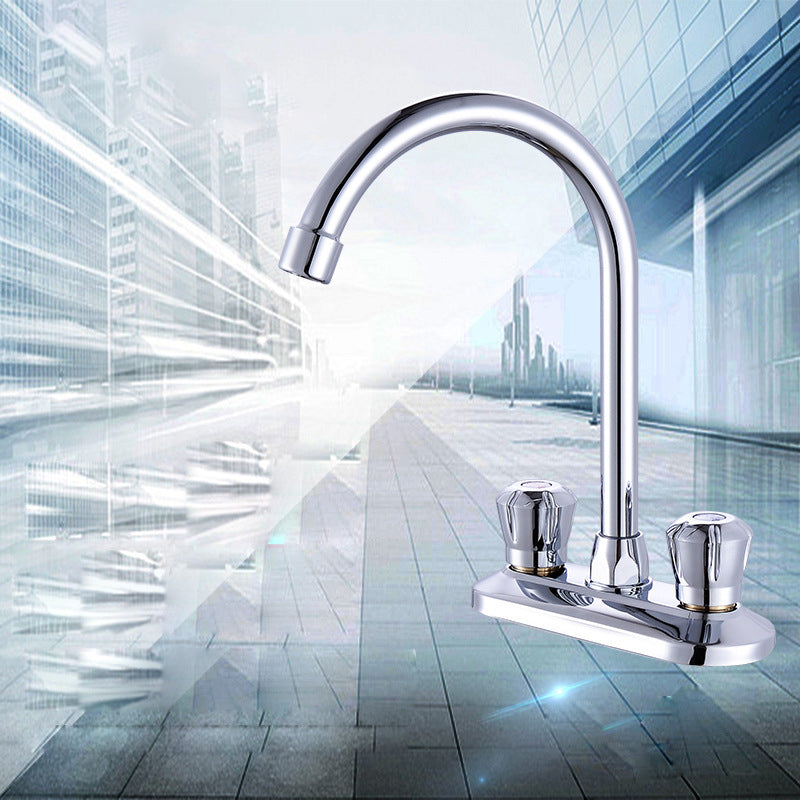 Modern Deck Mounted Double Handles Kitchen Faucet Metal Faucet in Silver Silver Clearhalo 'Home Improvement' 'home_improvement' 'home_improvement_kitchen_faucets' 'Kitchen Faucets' 'Kitchen Remodel & Kitchen Fixtures' 'Kitchen Sinks & Faucet Components' 'kitchen_faucets' 6941546