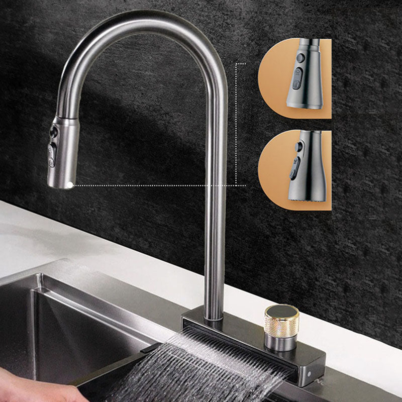High Arch Waterfall Kitchen Faucet Swivel Spout with Pull Out Sprayer Black Clearhalo 'Home Improvement' 'home_improvement' 'home_improvement_kitchen_faucets' 'Kitchen Faucets' 'Kitchen Remodel & Kitchen Fixtures' 'Kitchen Sinks & Faucet Components' 'kitchen_faucets' 6941596