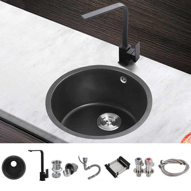 Quartz Kitchen Sink Round Single Bowl Kitchen Sink with Basket Strainer Sink with Faucet Square Faucet Clearhalo 'Home Improvement' 'home_improvement' 'home_improvement_kitchen_sinks' 'Kitchen Remodel & Kitchen Fixtures' 'Kitchen Sinks & Faucet Components' 'Kitchen Sinks' 'kitchen_sinks' 6941719