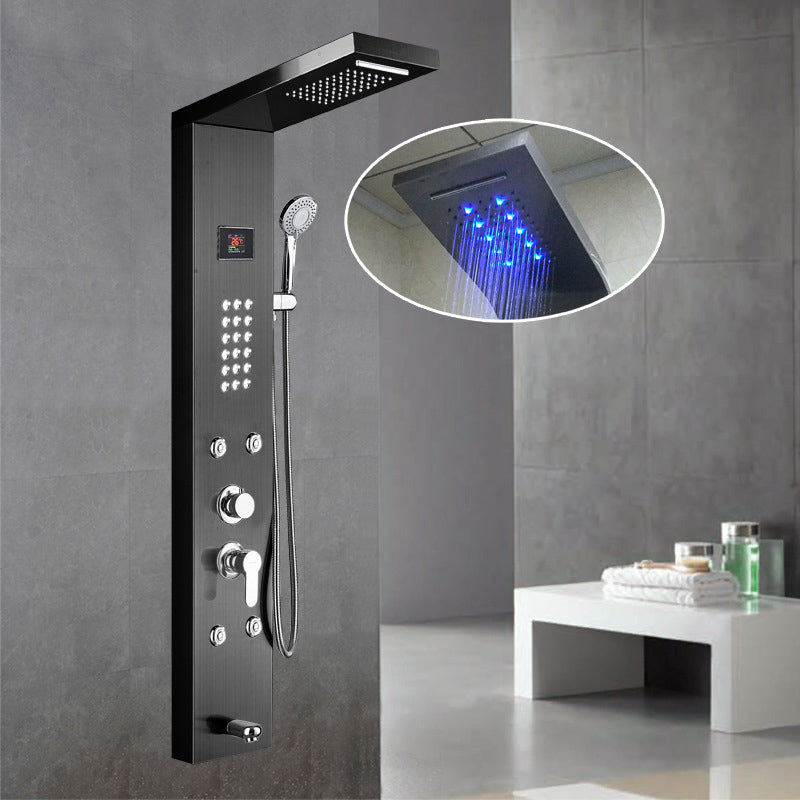 Wall-Mounted Shower Set Square Lever Handle Stainless Steel Shower Set with Handshower Black Hydroelectric Power Generation Digital Display Included Clearhalo 'Bathroom Remodel & Bathroom Fixtures' 'Home Improvement' 'home_improvement' 'home_improvement_shower_faucets' 'Shower Faucets & Systems' 'shower_faucets' 'Showers & Bathtubs Plumbing' 'Showers & Bathtubs' 6941895