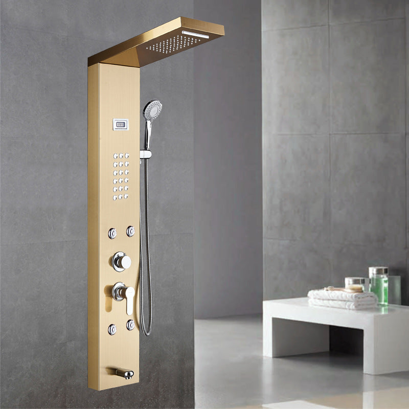 Wall-Mounted Shower Set Square Lever Handle Stainless Steel Shower Set with Handshower Gold Without LED Lights Digital Display Included Clearhalo 'Bathroom Remodel & Bathroom Fixtures' 'Home Improvement' 'home_improvement' 'home_improvement_shower_faucets' 'Shower Faucets & Systems' 'shower_faucets' 'Showers & Bathtubs Plumbing' 'Showers & Bathtubs' 6941901