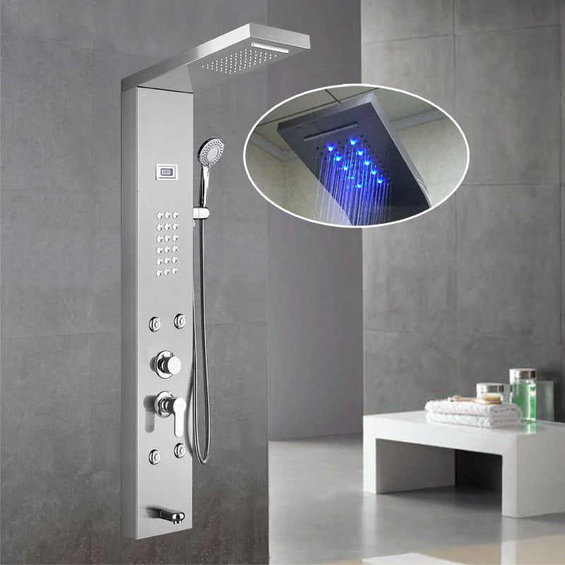 Wall-Mounted Shower Set Square Lever Handle Stainless Steel Shower Set with Handshower Chrome Battery Model Digital Display Included Clearhalo 'Bathroom Remodel & Bathroom Fixtures' 'Home Improvement' 'home_improvement' 'home_improvement_shower_faucets' 'Shower Faucets & Systems' 'shower_faucets' 'Showers & Bathtubs Plumbing' 'Showers & Bathtubs' 6941906