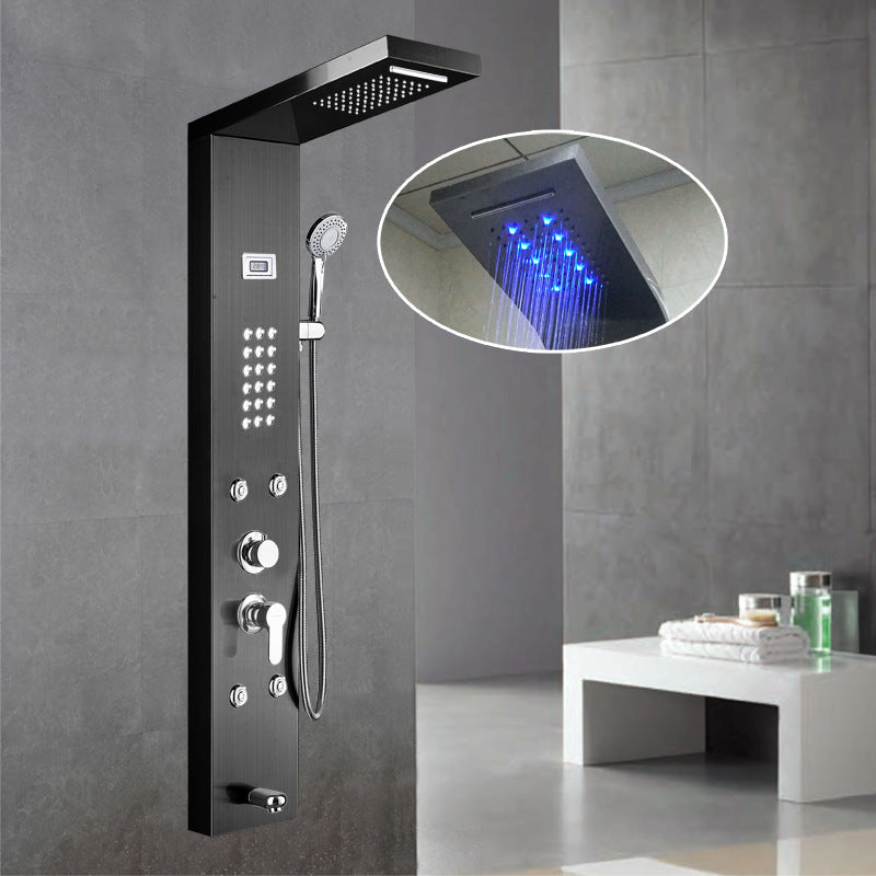 Wall-Mounted Shower Set Square Lever Handle Stainless Steel Shower Set with Handshower Black Battery Model Digital Display Included Clearhalo 'Bathroom Remodel & Bathroom Fixtures' 'Home Improvement' 'home_improvement' 'home_improvement_shower_faucets' 'Shower Faucets & Systems' 'shower_faucets' 'Showers & Bathtubs Plumbing' 'Showers & Bathtubs' 6941908
