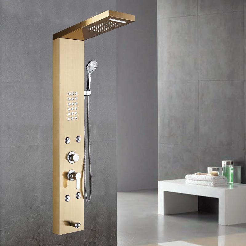 Wall-Mounted Shower Set Square Lever Handle Stainless Steel Shower Set with Handshower Gold Without LED Lights Digital Display Not Included Clearhalo 'Bathroom Remodel & Bathroom Fixtures' 'Home Improvement' 'home_improvement' 'home_improvement_shower_faucets' 'Shower Faucets & Systems' 'shower_faucets' 'Showers & Bathtubs Plumbing' 'Showers & Bathtubs' 6941909