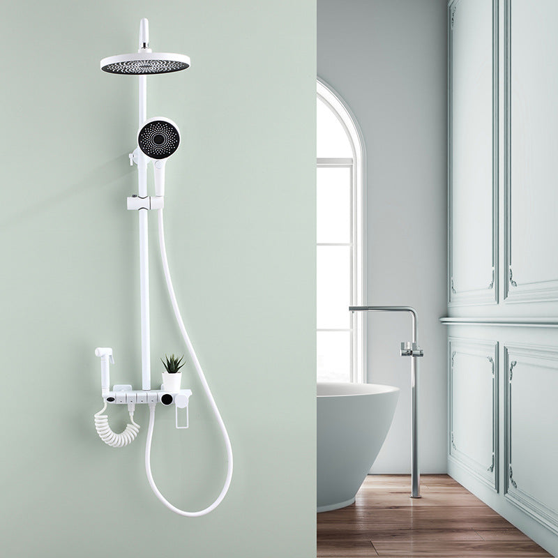 Shower System Adjustable Spray Pattern Wall Mount Lever Handle Shower Set with Shower Arm White Temperature Control Digital Display Included Clearhalo 'Bathroom Remodel & Bathroom Fixtures' 'Home Improvement' 'home_improvement' 'home_improvement_shower_faucets' 'Shower Faucets & Systems' 'shower_faucets' 'Showers & Bathtubs Plumbing' 'Showers & Bathtubs' 6941943