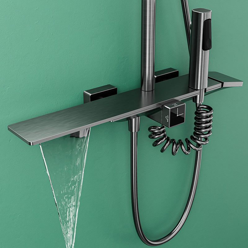 Waterfall Shower Set Square Wall Mount Copper Knob Handle Shower System with Shower Hose Clearhalo 'Bathroom Remodel & Bathroom Fixtures' 'Home Improvement' 'home_improvement' 'home_improvement_shower_faucets' 'Shower Faucets & Systems' 'shower_faucets' 'Showers & Bathtubs Plumbing' 'Showers & Bathtubs' 6941975