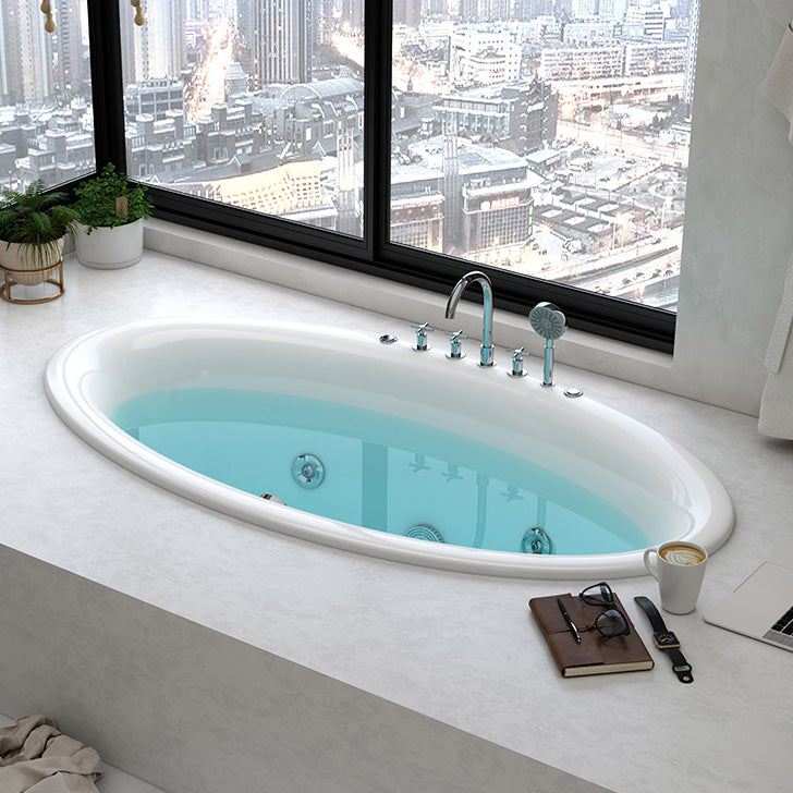 Drop in Soaking Bathtub White Oval Modern Back to Wall Acrylic Bath 67"L x 43"W x 22"H Massage Included Tub with Silver 5-Piece Set Clearhalo 'Bathroom Remodel & Bathroom Fixtures' 'Bathtubs' 'Home Improvement' 'home_improvement' 'home_improvement_bathtubs' 'Showers & Bathtubs' 6943177