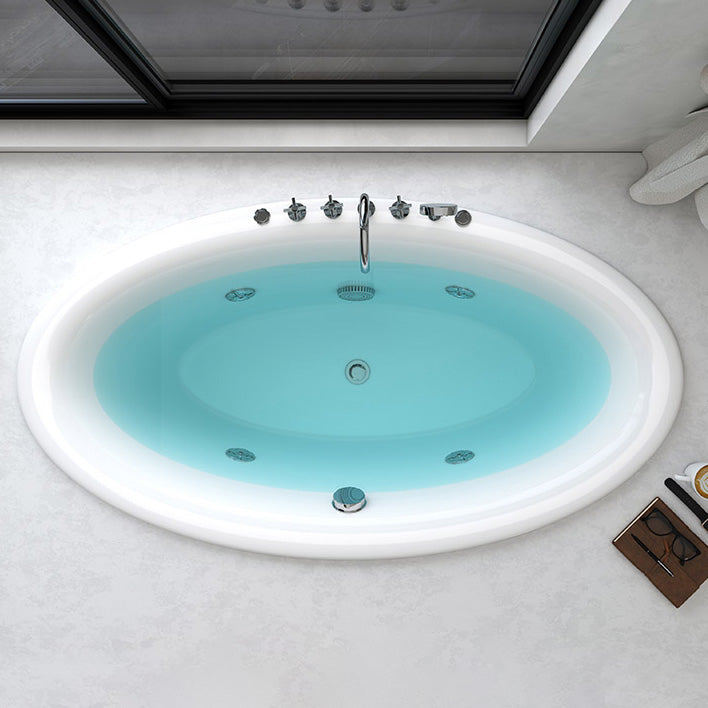 Drop in Soaking Bathtub White Oval Modern Back to Wall Acrylic Bath 63"L x 31"W x 22"H Massage Included Tub with Silver 5-Piece Set Clearhalo 'Bathroom Remodel & Bathroom Fixtures' 'Bathtubs' 'Home Improvement' 'home_improvement' 'home_improvement_bathtubs' 'Showers & Bathtubs' 6943179