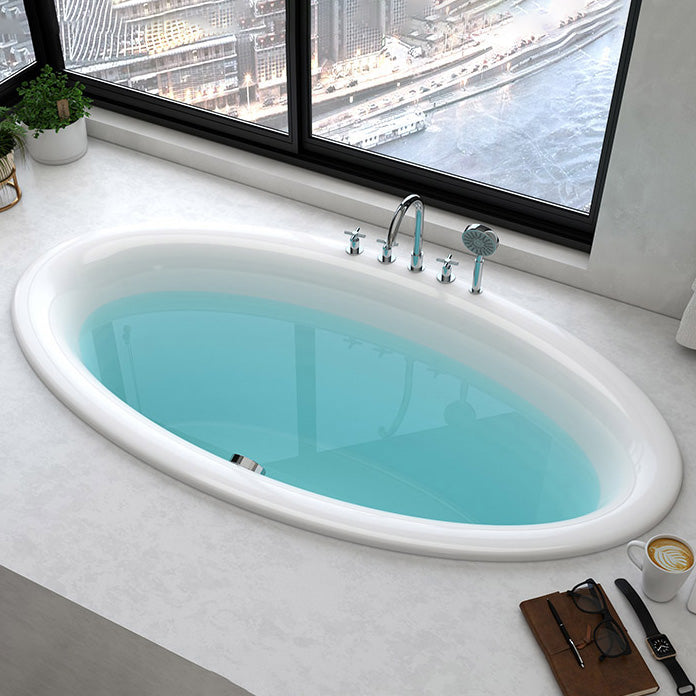 Drop in Soaking Bathtub White Oval Modern Back to Wall Acrylic Bath Massage Not Included Tub with Silver 5-Piece Set Clearhalo 'Bathroom Remodel & Bathroom Fixtures' 'Bathtubs' 'Home Improvement' 'home_improvement' 'home_improvement_bathtubs' 'Showers & Bathtubs' 6943180