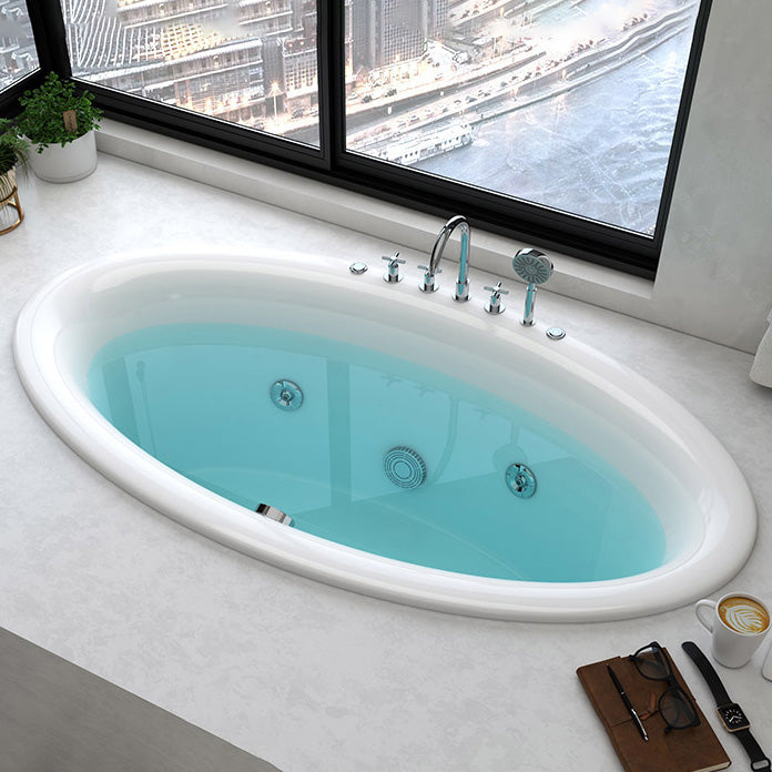 Drop in Soaking Bathtub White Oval Modern Back to Wall Acrylic Bath 71"L x 35"W x 22"H Massage Included Tub with Silver 5-Piece Set Clearhalo 'Bathroom Remodel & Bathroom Fixtures' 'Bathtubs' 'Home Improvement' 'home_improvement' 'home_improvement_bathtubs' 'Showers & Bathtubs' 6943181