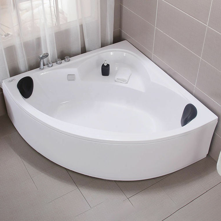 Acrylic Corner Soaking Bathtub Antique Finish Back to Wall Bath Tub 59"L x 59"W x 22"H Tub with Silver 5-Piece Set Clearhalo 'Bathroom Remodel & Bathroom Fixtures' 'Bathtubs' 'Home Improvement' 'home_improvement' 'home_improvement_bathtubs' 'Showers & Bathtubs' 6943218