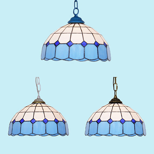 Mediterranean Dome Hanging Light Stained Art Glass 1 Bulb Pendant Light Fixture in White/Blue/Bronze Clearhalo 'Ceiling Lights' 'Industrial' 'Middle Century Pendants' 'Pendant Lights' 'Pendants' 'Tiffany close to ceiling' 'Tiffany Pendants' 'Tiffany' Lighting' 69473