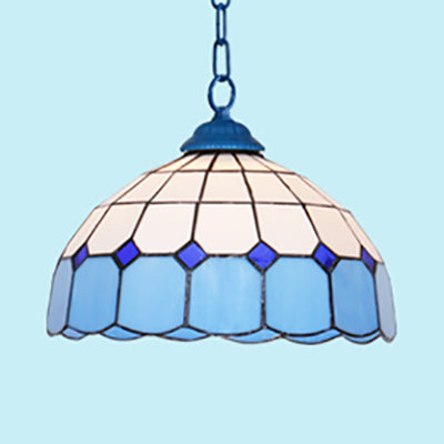 Mediterranean Dome Hanging Light Stained Art Glass 1 Bulb Pendant Light Fixture in White/Blue/Bronze Clearhalo 'Ceiling Lights' 'Industrial' 'Middle Century Pendants' 'Pendant Lights' 'Pendants' 'Tiffany close to ceiling' 'Tiffany Pendants' 'Tiffany' Lighting' 69474