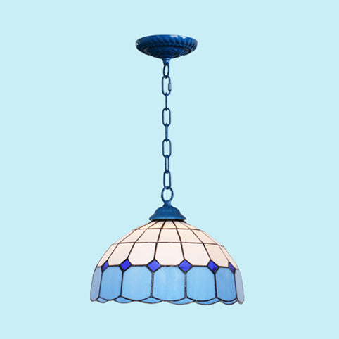 Mediterranean Dome Hanging Light Stained Art Glass 1 Bulb Pendant Light Fixture in White/Blue/Bronze Blue Clearhalo 'Ceiling Lights' 'Industrial' 'Middle Century Pendants' 'Pendant Lights' 'Pendants' 'Tiffany close to ceiling' 'Tiffany Pendants' 'Tiffany' Lighting' 69475