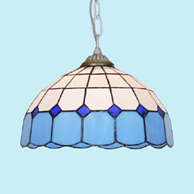 Mediterranean Dome Hanging Light Stained Art Glass 1 Bulb Pendant Light Fixture in White/Blue/Bronze Clearhalo 'Ceiling Lights' 'Industrial' 'Middle Century Pendants' 'Pendant Lights' 'Pendants' 'Tiffany close to ceiling' 'Tiffany Pendants' 'Tiffany' Lighting' 69476