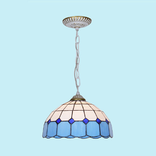 Mediterranean Dome Hanging Light Stained Art Glass 1 Bulb Pendant Light Fixture in White/Blue/Bronze White Clearhalo 'Ceiling Lights' 'Industrial' 'Middle Century Pendants' 'Pendant Lights' 'Pendants' 'Tiffany close to ceiling' 'Tiffany Pendants' 'Tiffany' Lighting' 69477