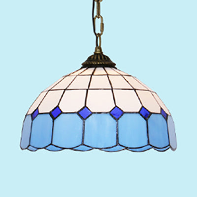 Mediterranean Dome Hanging Light Stained Art Glass 1 Bulb Pendant Light Fixture in White/Blue/Bronze Clearhalo 'Ceiling Lights' 'Industrial' 'Middle Century Pendants' 'Pendant Lights' 'Pendants' 'Tiffany close to ceiling' 'Tiffany Pendants' 'Tiffany' Lighting' 69478