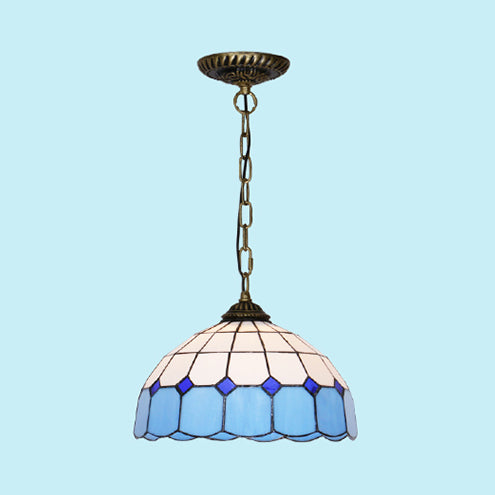 Mediterranean Dome Hanging Light Stained Art Glass 1 Bulb Pendant Light Fixture in White/Blue/Bronze Clearhalo 'Ceiling Lights' 'Industrial' 'Middle Century Pendants' 'Pendant Lights' 'Pendants' 'Tiffany close to ceiling' 'Tiffany Pendants' 'Tiffany' Lighting' 69479