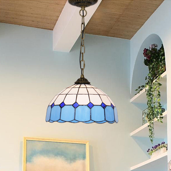 Mediterranean Dome Hanging Light Stained Art Glass 1 Bulb Pendant Light Fixture in White/Blue/Bronze Bronze Clearhalo 'Ceiling Lights' 'Industrial' 'Middle Century Pendants' 'Pendant Lights' 'Pendants' 'Tiffany close to ceiling' 'Tiffany Pendants' 'Tiffany' Lighting' 69480