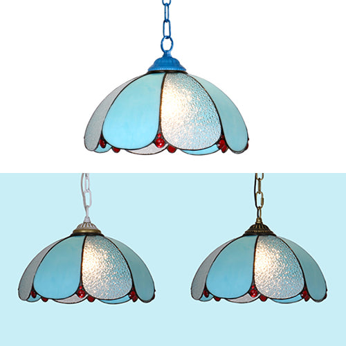 Cut Glass Wide Flare Pendant Lamp Mediterranean 1 Head White/Blue/Bronze Hanging Light Fixture with Adjustable Metal Chain Clearhalo 'Ceiling Lights' 'Industrial' 'Middle Century Pendants' 'Pendant Lights' 'Pendants' 'Tiffany close to ceiling' 'Tiffany Pendants' 'Tiffany' Lighting' 69481