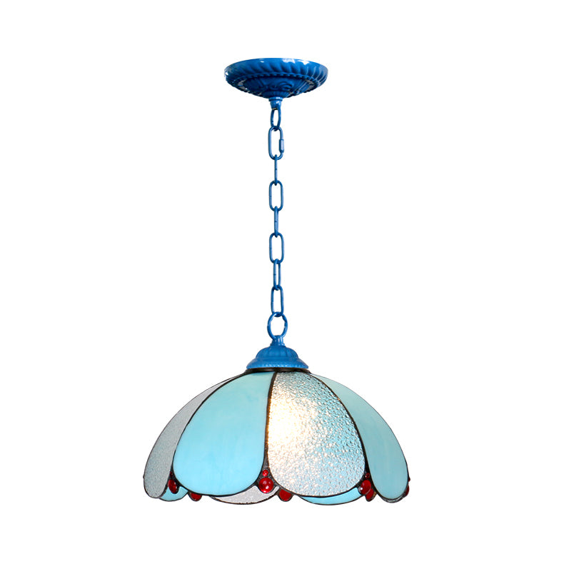 Cut Glass Wide Flare Pendant Lamp Mediterranean 1 Head White/Blue/Bronze Hanging Light Fixture with Adjustable Metal Chain Clearhalo 'Ceiling Lights' 'Industrial' 'Middle Century Pendants' 'Pendant Lights' 'Pendants' 'Tiffany close to ceiling' 'Tiffany Pendants' 'Tiffany' Lighting' 69483