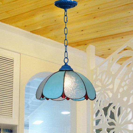 Cut Glass Wide Flare Pendant Lamp Mediterranean 1 Head White/Blue/Bronze Hanging Light Fixture with Adjustable Metal Chain Blue Clearhalo 'Ceiling Lights' 'Industrial' 'Middle Century Pendants' 'Pendant Lights' 'Pendants' 'Tiffany close to ceiling' 'Tiffany Pendants' 'Tiffany' Lighting' 69484