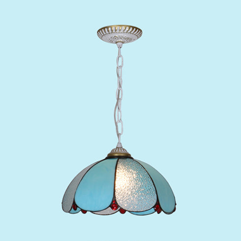 Cut Glass Wide Flare Pendant Lamp Mediterranean 1 Head White/Blue/Bronze Hanging Light Fixture with Adjustable Metal Chain Clearhalo 'Ceiling Lights' 'Industrial' 'Middle Century Pendants' 'Pendant Lights' 'Pendants' 'Tiffany close to ceiling' 'Tiffany Pendants' 'Tiffany' Lighting' 69487