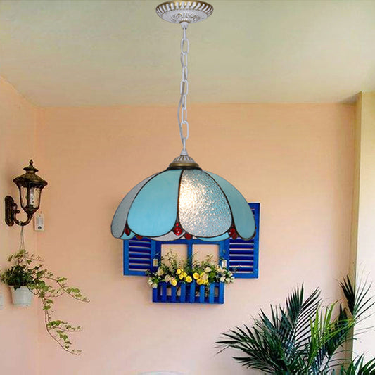 Cut Glass Wide Flare Pendant Lamp Mediterranean 1 Head White/Blue/Bronze Hanging Light Fixture with Adjustable Metal Chain White Clearhalo 'Ceiling Lights' 'Industrial' 'Middle Century Pendants' 'Pendant Lights' 'Pendants' 'Tiffany close to ceiling' 'Tiffany Pendants' 'Tiffany' Lighting' 69488