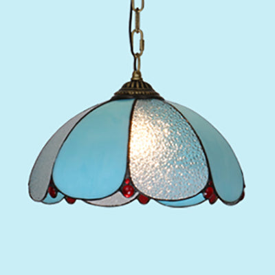 Cut Glass Wide Flare Pendant Lamp Mediterranean 1 Head White/Blue/Bronze Hanging Light Fixture with Adjustable Metal Chain Bronze Clearhalo 'Ceiling Lights' 'Industrial' 'Middle Century Pendants' 'Pendant Lights' 'Pendants' 'Tiffany close to ceiling' 'Tiffany Pendants' 'Tiffany' Lighting' 69489