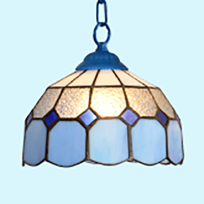 Black/White/Blue 1 Head Ceiling Light Baroque Stained Glass Bowl Suspended Lighting Fixture for Dining Room Blue Clearhalo 'Ceiling Lights' 'Industrial' 'Middle Century Pendants' 'Pendant Lights' 'Pendants' 'Tiffany close to ceiling' 'Tiffany Pendants' 'Tiffany' Lighting' 69498