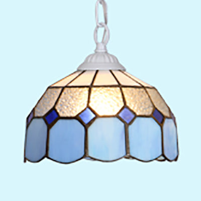 Black/White/Blue 1 Head Ceiling Light Baroque Stained Glass Bowl Suspended Lighting Fixture for Dining Room White Clearhalo 'Ceiling Lights' 'Industrial' 'Middle Century Pendants' 'Pendant Lights' 'Pendants' 'Tiffany close to ceiling' 'Tiffany Pendants' 'Tiffany' Lighting' 69502