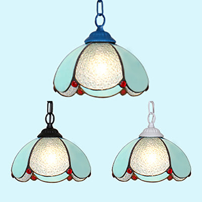 Black/White/Blue 1 Bulb Down Lighting Mediterranean Stained Glass Flared Hanging Ceiling Light Clearhalo 'Ceiling Lights' 'Industrial' 'Middle Century Pendants' 'Pendant Lights' 'Pendants' 'Tiffany close to ceiling' 'Tiffany Pendants' 'Tiffany' Lighting' 69517