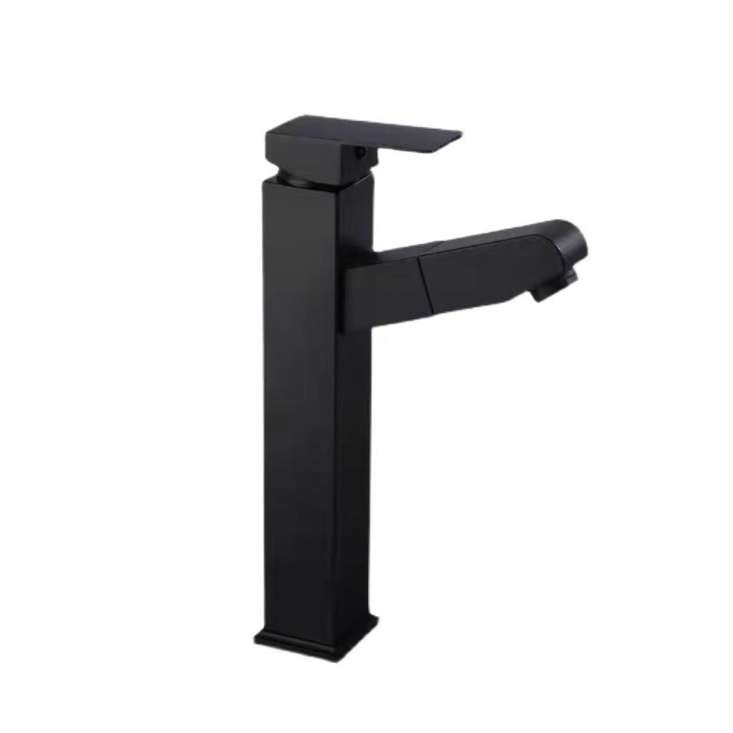 Lever Handle Faucet Contemporary Pull-out Faucet for Bathroom Black 10.8" Square Clearhalo 'Bathroom Remodel & Bathroom Fixtures' 'Bathroom Sink Faucets' 'Bathroom Sinks & Faucet Components' 'bathroom_sink_faucets' 'Home Improvement' 'home_improvement' 'home_improvement_bathroom_sink_faucets' 6951757
