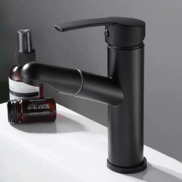 Lever Handle Faucet Contemporary Pull-out Faucet for Bathroom Black 7.1" Round Clearhalo 'Bathroom Remodel & Bathroom Fixtures' 'Bathroom Sink Faucets' 'Bathroom Sinks & Faucet Components' 'bathroom_sink_faucets' 'Home Improvement' 'home_improvement' 'home_improvement_bathroom_sink_faucets' 6951759