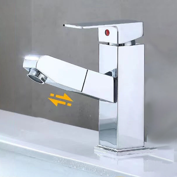 Lever Handle Faucet Contemporary Pull-out Faucet for Bathroom Silver 7.1" Square Clearhalo 'Bathroom Remodel & Bathroom Fixtures' 'Bathroom Sink Faucets' 'Bathroom Sinks & Faucet Components' 'bathroom_sink_faucets' 'Home Improvement' 'home_improvement' 'home_improvement_bathroom_sink_faucets' 6951763