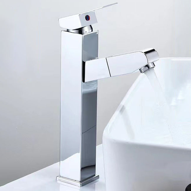 Lever Handle Faucet Contemporary Pull-out Faucet for Bathroom Silver 10.8" Square Clearhalo 'Bathroom Remodel & Bathroom Fixtures' 'Bathroom Sink Faucets' 'Bathroom Sinks & Faucet Components' 'bathroom_sink_faucets' 'Home Improvement' 'home_improvement' 'home_improvement_bathroom_sink_faucets' 6951765