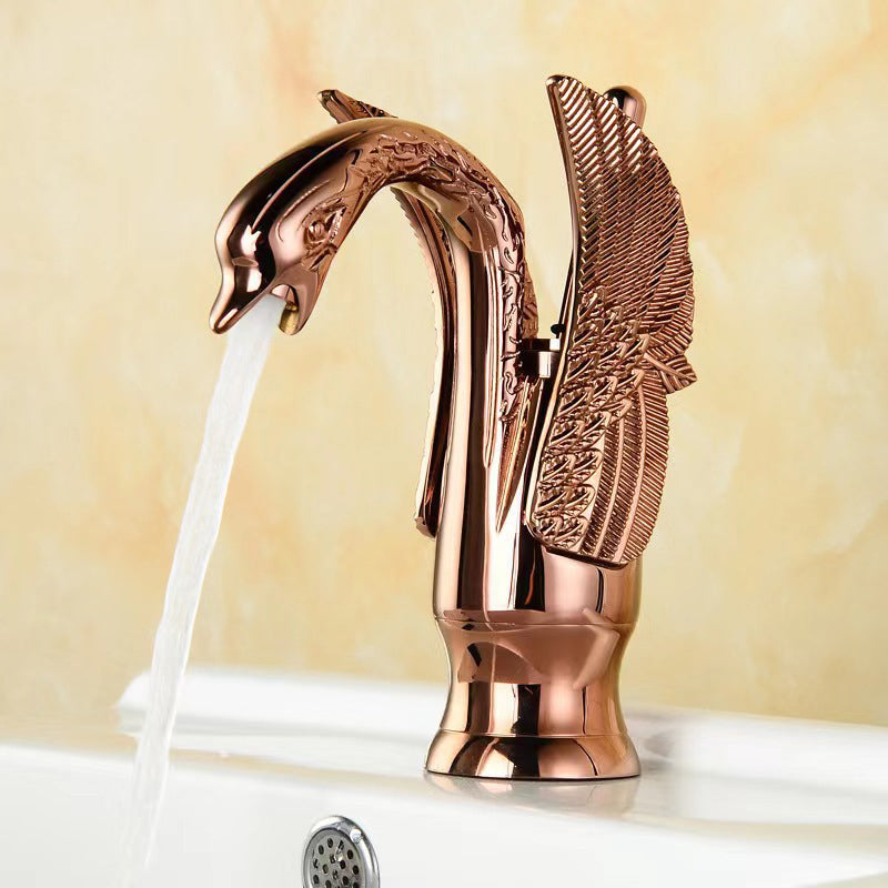Full Brass Bathroom Vanity Faucet Hot and Cold Single Handle Basin Faucet Rose Gold 7.5" Clearhalo 'Bathroom Remodel & Bathroom Fixtures' 'Bathroom Sink Faucets' 'Bathroom Sinks & Faucet Components' 'bathroom_sink_faucets' 'Home Improvement' 'home_improvement' 'home_improvement_bathroom_sink_faucets' 6951826