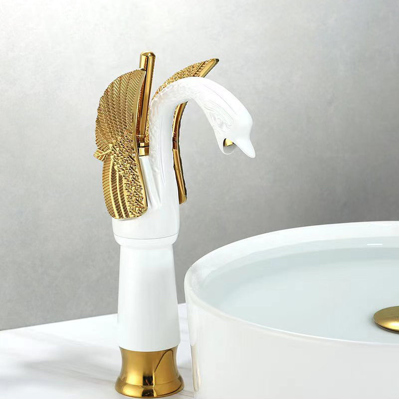 Full Brass Bathroom Vanity Faucet Hot and Cold Single Handle Basin Faucet White-Gold 12“ Clearhalo 'Bathroom Remodel & Bathroom Fixtures' 'Bathroom Sink Faucets' 'Bathroom Sinks & Faucet Components' 'bathroom_sink_faucets' 'Home Improvement' 'home_improvement' 'home_improvement_bathroom_sink_faucets' 6951833