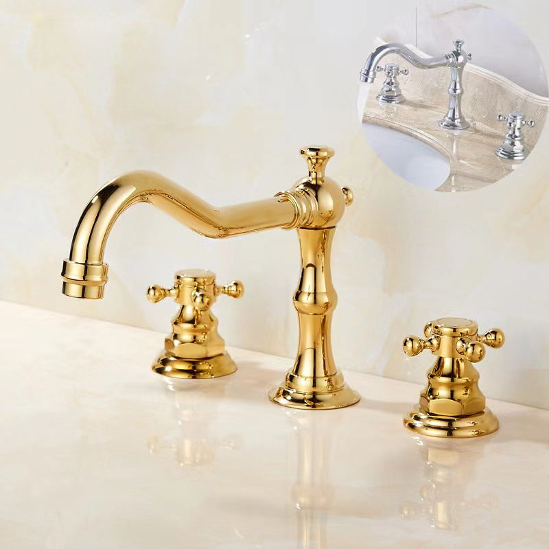 Vintage Widespread Lavatory Faucet, 2 Handle Full Brass Bathroom Vanity Faucet with Drain Clearhalo 'Bathroom Remodel & Bathroom Fixtures' 'Bathroom Sink Faucets' 'Bathroom Sinks & Faucet Components' 'bathroom_sink_faucets' 'Home Improvement' 'home_improvement' 'home_improvement_bathroom_sink_faucets' 6951843