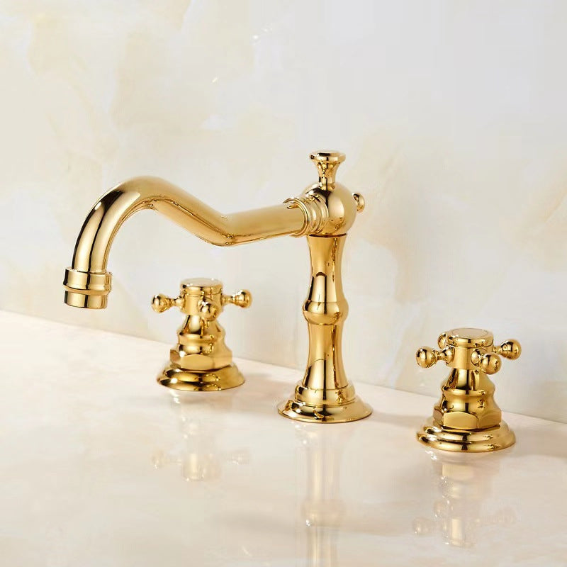 Vintage Widespread Lavatory Faucet, 2 Handle Full Brass Bathroom Vanity Faucet with Drain Gold 6" Cross Handles Clearhalo 'Bathroom Remodel & Bathroom Fixtures' 'Bathroom Sink Faucets' 'Bathroom Sinks & Faucet Components' 'bathroom_sink_faucets' 'Home Improvement' 'home_improvement' 'home_improvement_bathroom_sink_faucets' 6951846