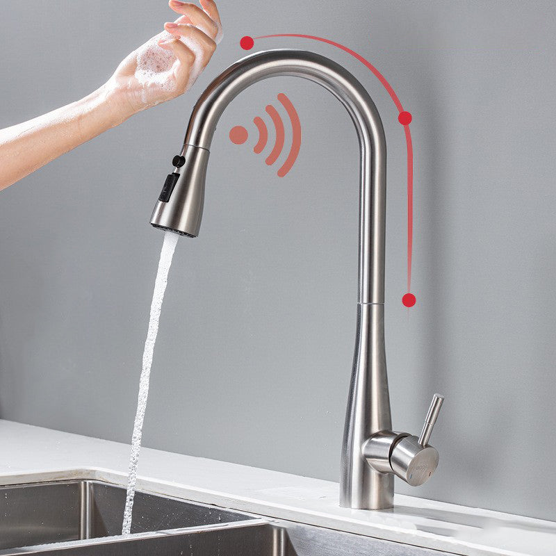 Touch Sensor Spray Kitchen Faucet Stainless Steel Swivel Spout with Pull Down Sprayer Silver Clearhalo 'Home Improvement' 'home_improvement' 'home_improvement_kitchen_faucets' 'Kitchen Faucets' 'Kitchen Remodel & Kitchen Fixtures' 'Kitchen Sinks & Faucet Components' 'kitchen_faucets' 6951994