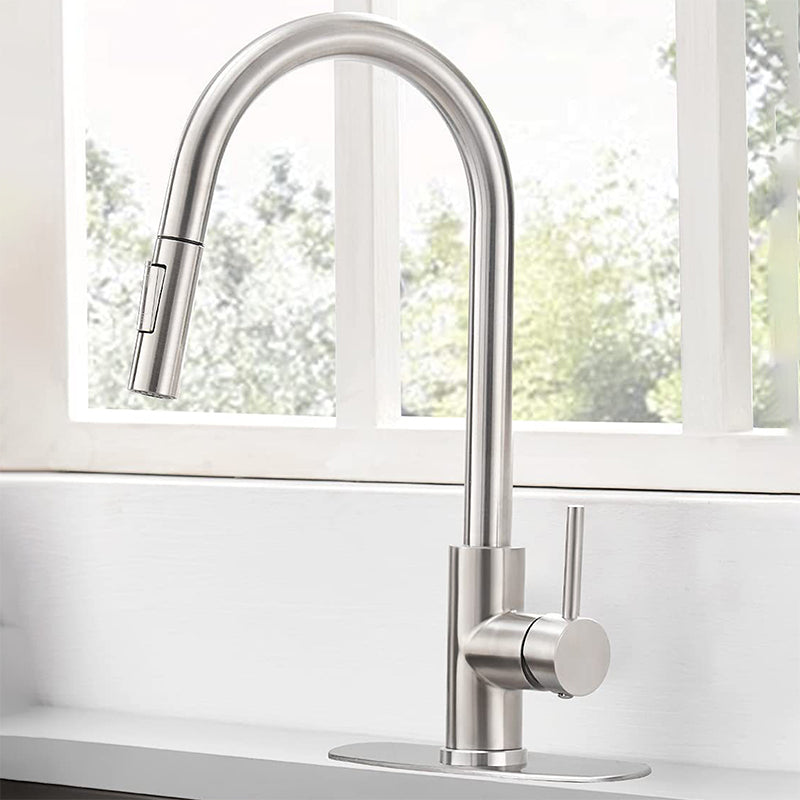 304 Stainless Steel Kitchen Faucet 3-Function Spray High Arc with Pull down Sprayer Silver Clearhalo 'Home Improvement' 'home_improvement' 'home_improvement_kitchen_faucets' 'Kitchen Faucets' 'Kitchen Remodel & Kitchen Fixtures' 'Kitchen Sinks & Faucet Components' 'kitchen_faucets' 6952019