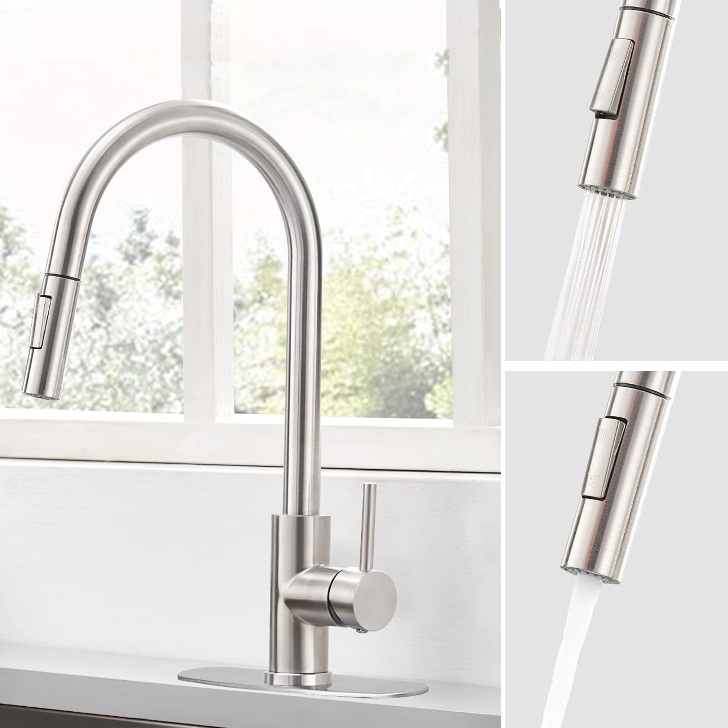 304 Stainless Steel Kitchen Faucet 3-Function Spray High Arc with Pull down Sprayer Clearhalo 'Home Improvement' 'home_improvement' 'home_improvement_kitchen_faucets' 'Kitchen Faucets' 'Kitchen Remodel & Kitchen Fixtures' 'Kitchen Sinks & Faucet Components' 'kitchen_faucets' 6952026
