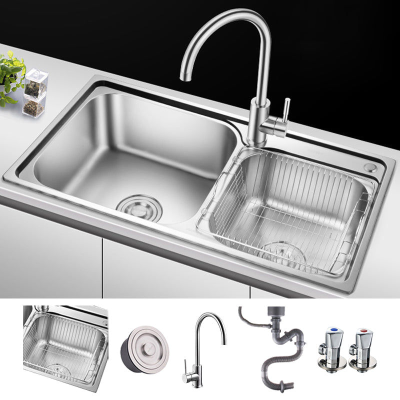 Stainless Steel Double Sink Kitchen Sink 2 Holes Drop-In Sink Sink with Faucet Stainless-Steel Faucet Clearhalo 'Home Improvement' 'home_improvement' 'home_improvement_kitchen_sinks' 'Kitchen Remodel & Kitchen Fixtures' 'Kitchen Sinks & Faucet Components' 'Kitchen Sinks' 'kitchen_sinks' 6952139