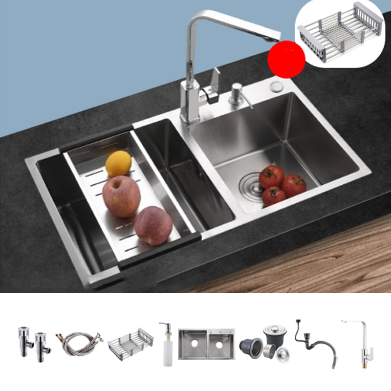 Stainless Steel Double Sink Kitchen Sink 3 Holes Drop-In Sink with Drain Assembly Sink with Faucet Square Faucet Clearhalo 'Home Improvement' 'home_improvement' 'home_improvement_kitchen_sinks' 'Kitchen Remodel & Kitchen Fixtures' 'Kitchen Sinks & Faucet Components' 'Kitchen Sinks' 'kitchen_sinks' 6952154