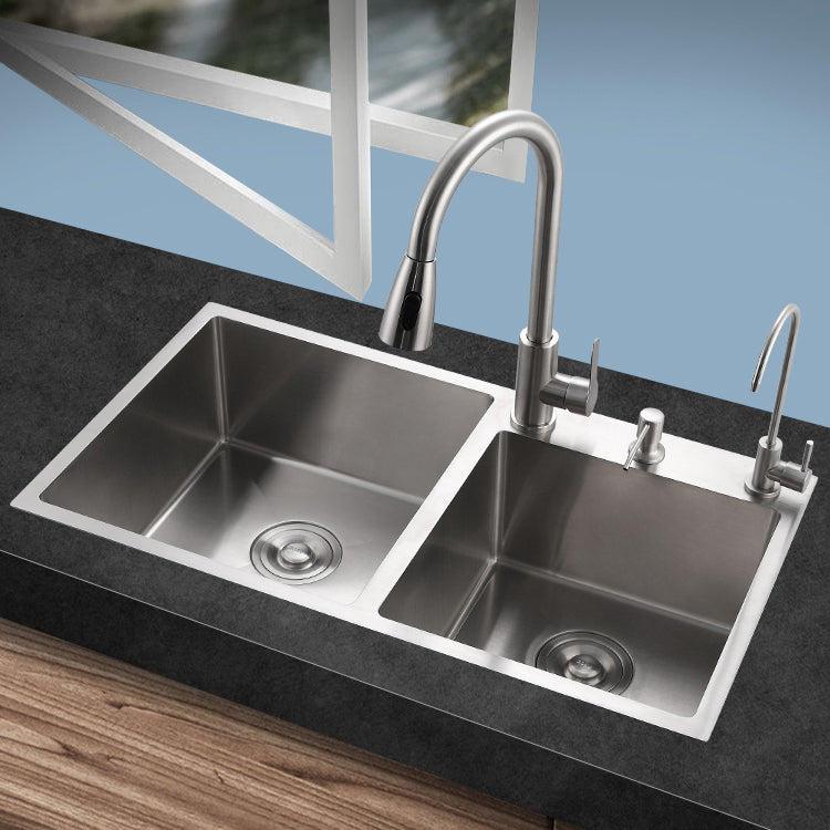 Stainless Steel Double Sink Kitchen Sink 3 Holes Drop-In Sink with Drain Assembly 32"L x 18"W x 8"H Sink with Faucet Pull Out Faucet Clearhalo 'Home Improvement' 'home_improvement' 'home_improvement_kitchen_sinks' 'Kitchen Remodel & Kitchen Fixtures' 'Kitchen Sinks & Faucet Components' 'Kitchen Sinks' 'kitchen_sinks' 6952155