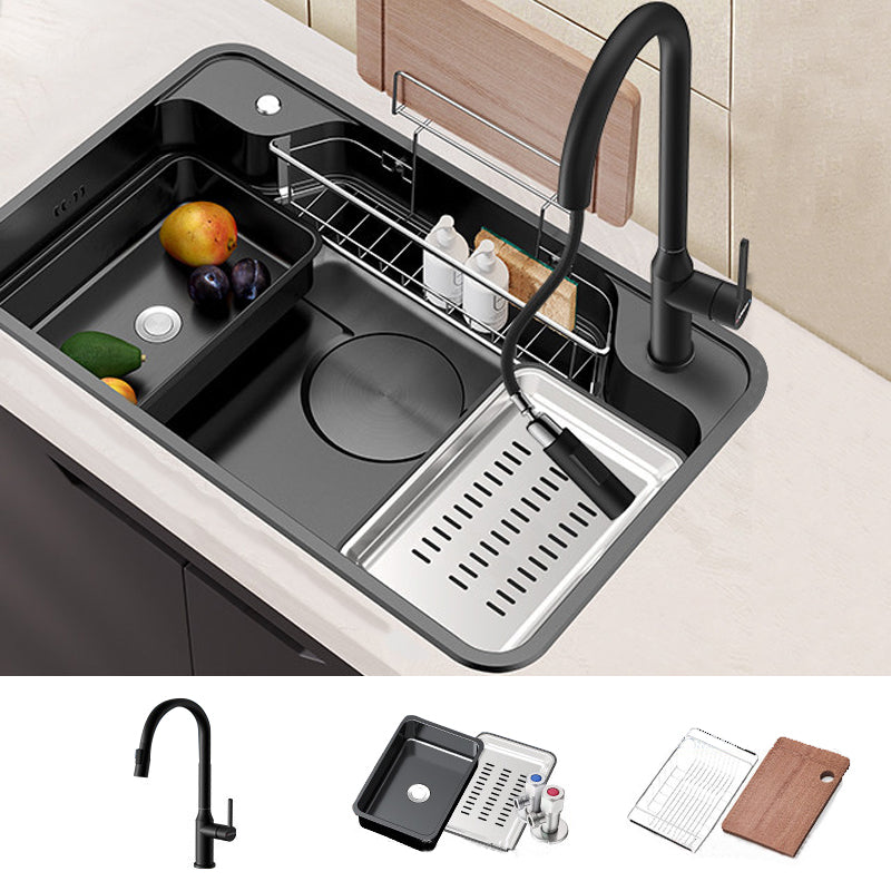 Stainless Steel Kitchen Sink Modern Style Kitchen Sink with Drain Strainer Kit 31"L x 20"W x 9"H Sink with Faucet Black Clearhalo 'Home Improvement' 'home_improvement' 'home_improvement_kitchen_sinks' 'Kitchen Remodel & Kitchen Fixtures' 'Kitchen Sinks & Faucet Components' 'Kitchen Sinks' 'kitchen_sinks' 6952289