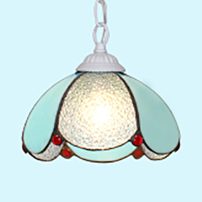 Black/White/Blue 1 Bulb Down Lighting Mediterranean Stained Glass Flared Hanging Ceiling Light White Clearhalo 'Ceiling Lights' 'Industrial' 'Middle Century Pendants' 'Pendant Lights' 'Pendants' 'Tiffany close to ceiling' 'Tiffany Pendants' 'Tiffany' Lighting' 69523