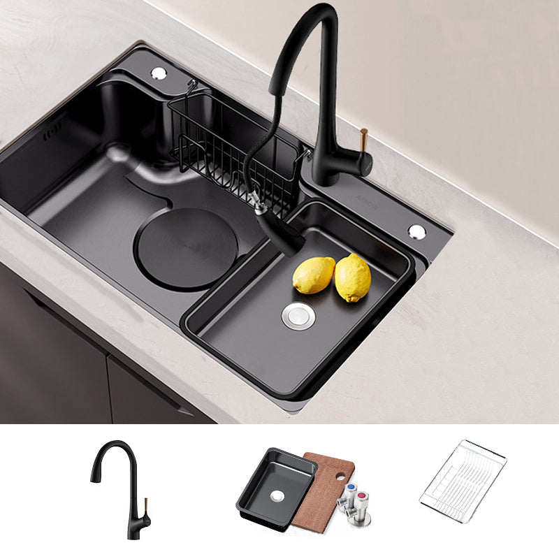 Stainless Steel Kitchen Sink Modern Style Kitchen Sink with Drain Strainer Kit Sink with Faucet Frosted Black Clearhalo 'Home Improvement' 'home_improvement' 'home_improvement_kitchen_sinks' 'Kitchen Remodel & Kitchen Fixtures' 'Kitchen Sinks & Faucet Components' 'Kitchen Sinks' 'kitchen_sinks' 6952302