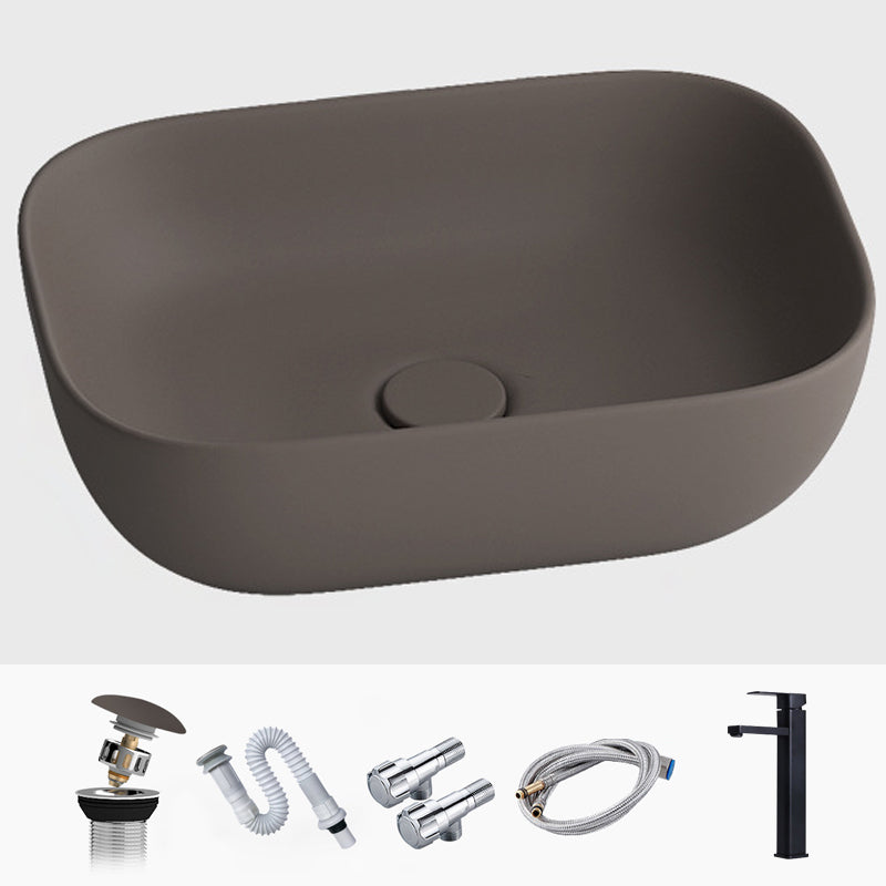 Modern Vessel Lavatory Sink Rectangular Porcelain with Faucet and Pop-Up Drain Basin Sink 18.1"L x 13"W x 5.3"H Brown Sink with Faucet Clearhalo 'Bathroom Remodel & Bathroom Fixtures' 'Bathroom Sinks & Faucet Components' 'Bathroom Sinks' 'bathroom_sink' 'Home Improvement' 'home_improvement' 'home_improvement_bathroom_sink' 6952312